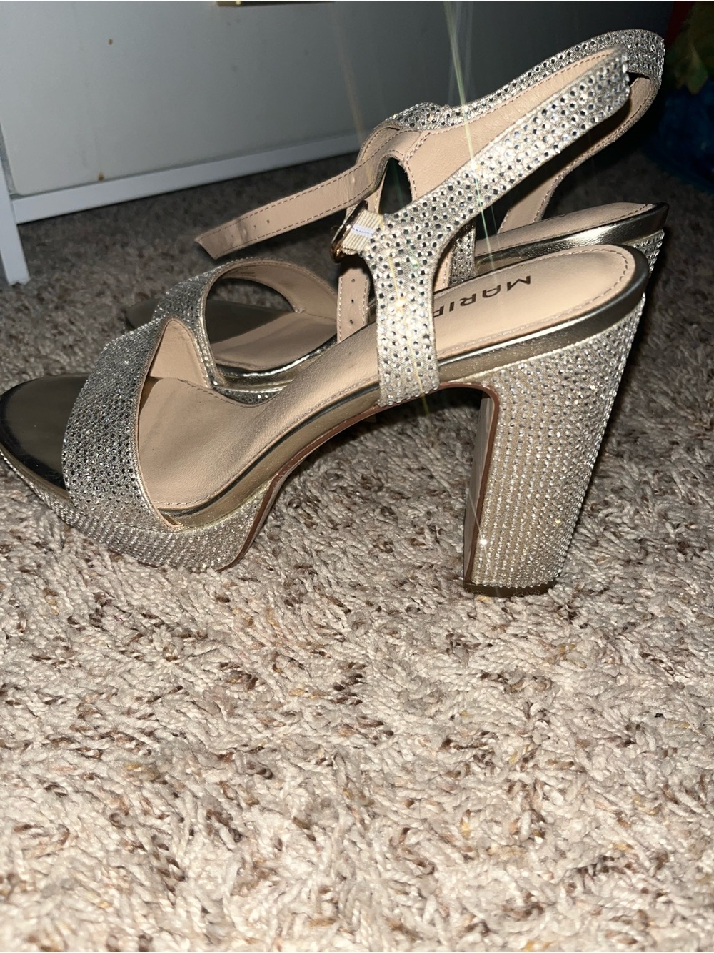 Women's Rhinestone Platform Block Heel Sandals in Champagne